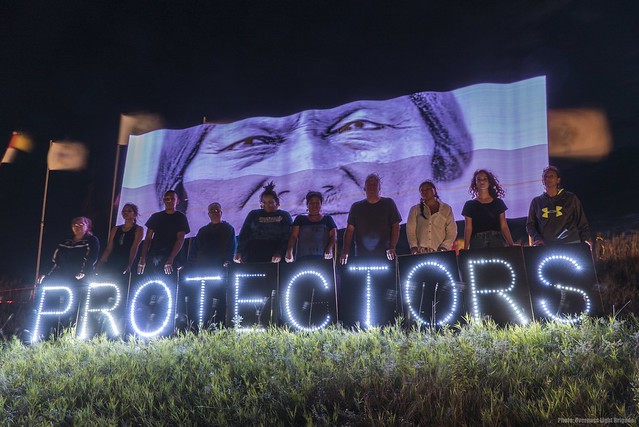 people holding protector sign at Standing Rock