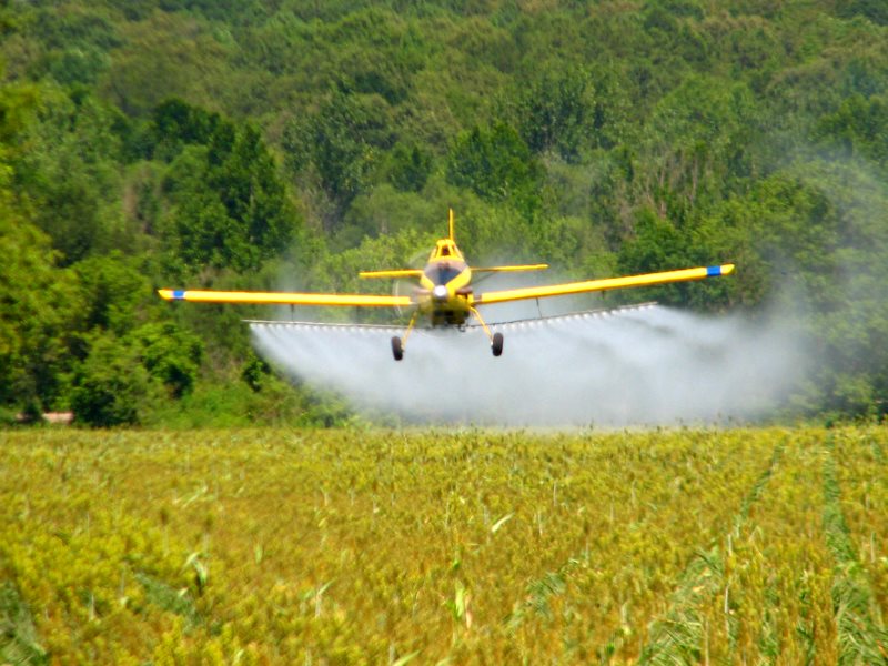 Crop 'dusting' with pesticide a few miles north of Ripley, Mississippi. Photo: Roger Smith via Flickr (CC BY-NC-ND).