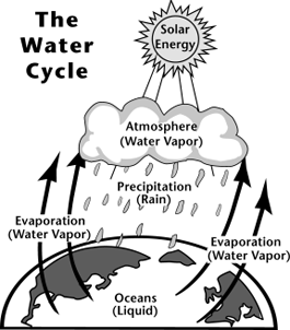 Image of the water cycle. Solar energy heats water on the surface, causing it to evaporate.  This water vapor condenses into clouds and falls back onto the surface as precipitation.  The water flows through rivers back into the oceans, where it can evaporate and begin the cycle over again.